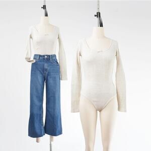 Vintage 90s Oatmeal Thermal Bodysuit Waffle Knit Long Sleeve Scoop Neck Top XS S